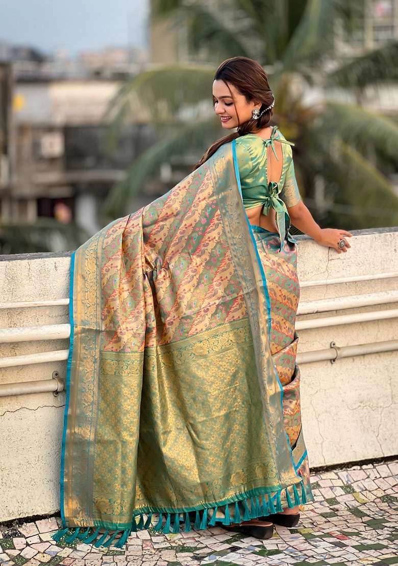 Blue Zari Woven Silk Saree Set - Indya