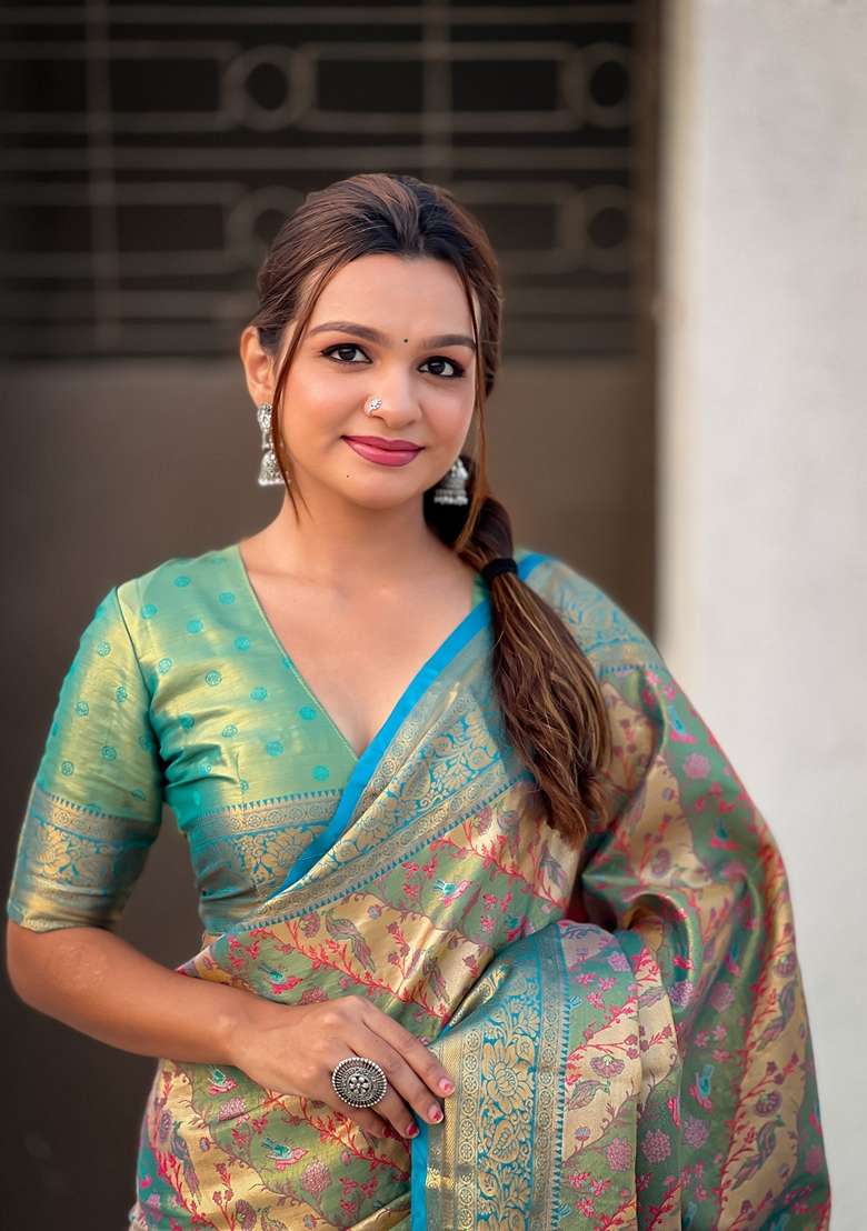 Blue Zari Woven Silk Saree Set - Indya