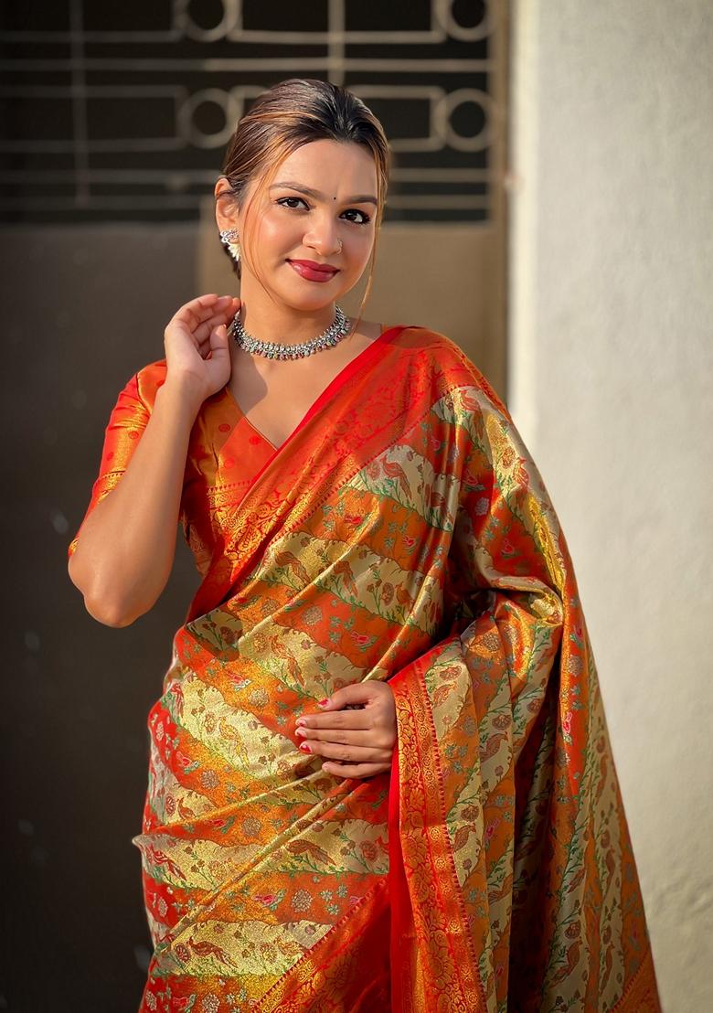 Red Zari Woven Silk Saree Set