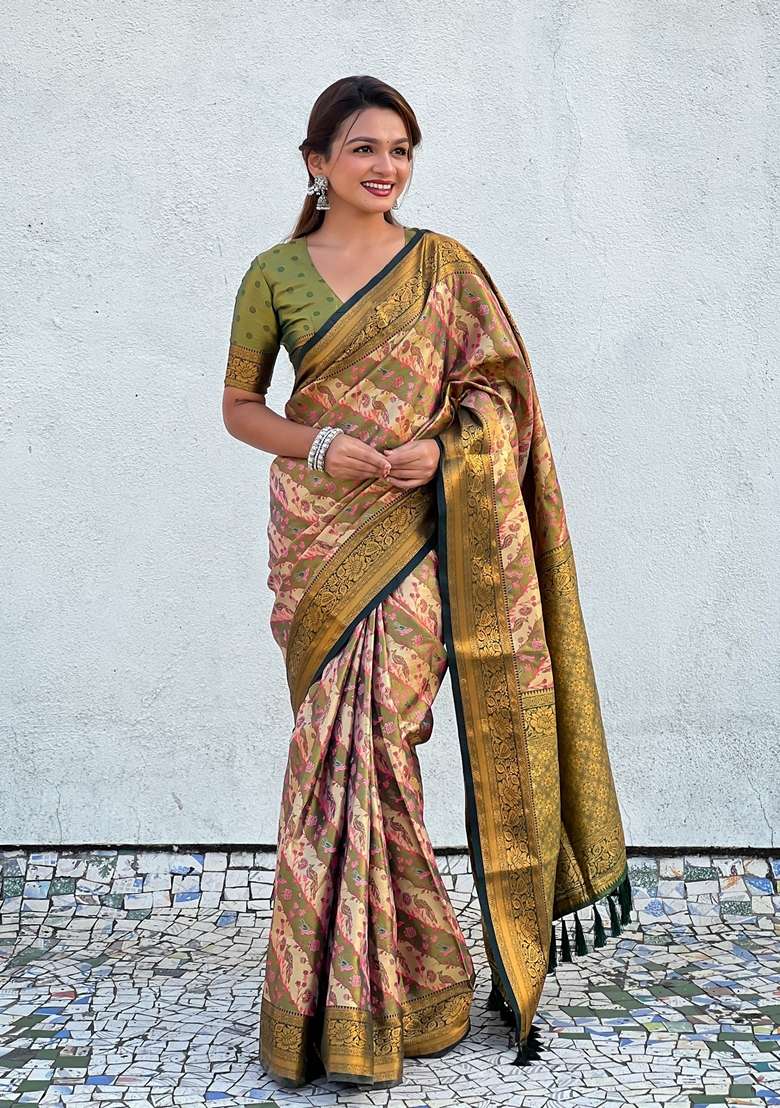 Green Zari Woven Silk Saree Set - Indya