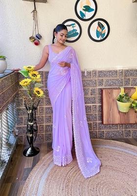 Lavender Sequin Embroidered Georgette Saree Set
