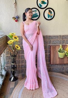 Pink Sequin Embroidered Georgette Saree Set