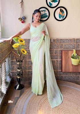 Green Sequin Embroidered Georgette Saree Set