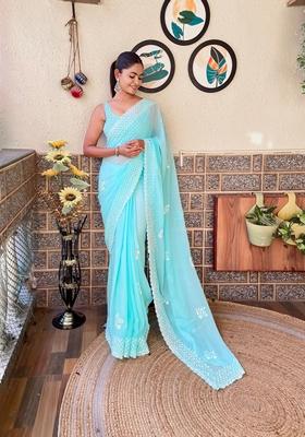 Sky Blue Sequin Embroidered Georgette Saree Set
