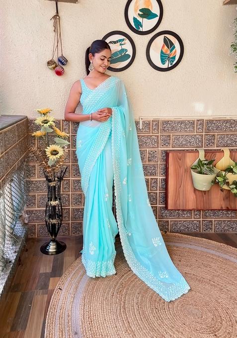 Sky Blue Sequin Embroidered Georgette Saree Set