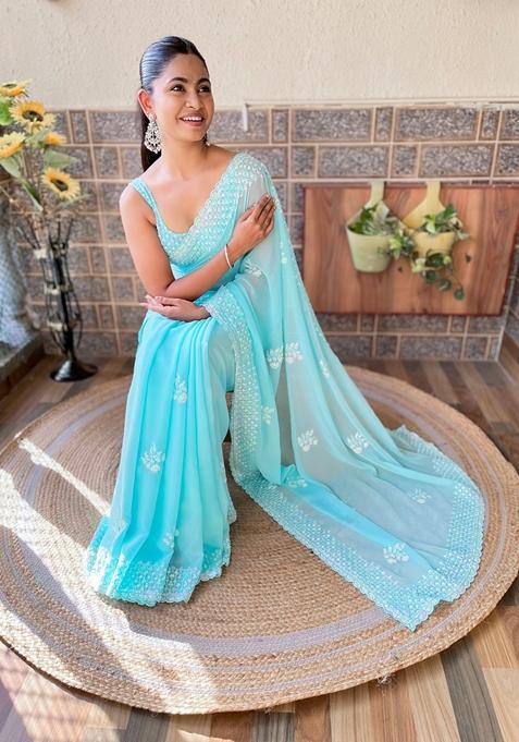 Sky Blue Sequin Embroidered Georgette Saree Set