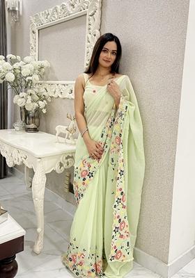 Green Sequin Embroidered Chiffon Saree Set