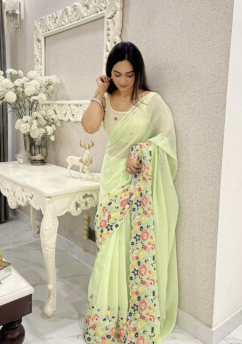 Green Sequin Embroidered Chiffon Saree Set
