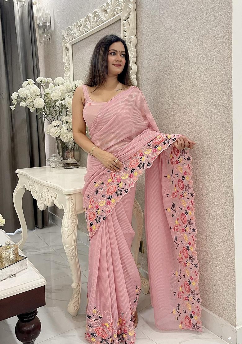 Mauve Sequin Embroidered Chiffon Saree Set