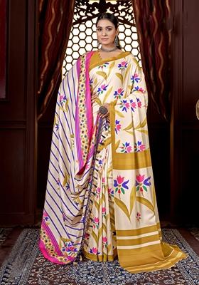 Mustard Abstract Print Art Silk Saree Set