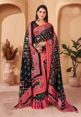 Black Abstract Print Art Silk Saree Set