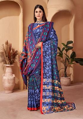Blue Abstract Print Art Silk Saree Set