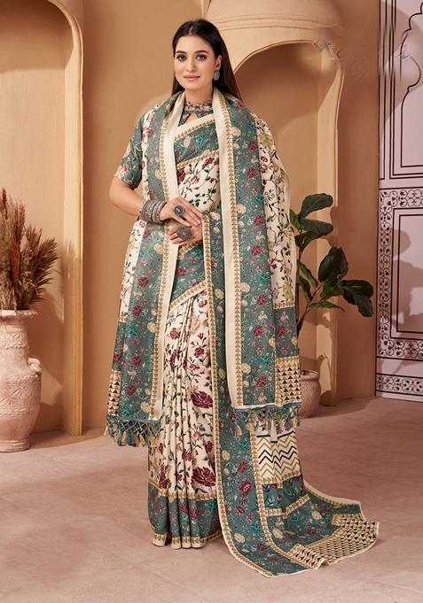 Green Abstract Print Art Silk Saree Set