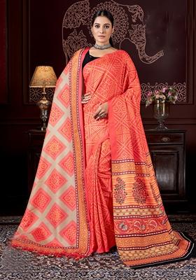Orange Abstract Print Art Silk Saree Set