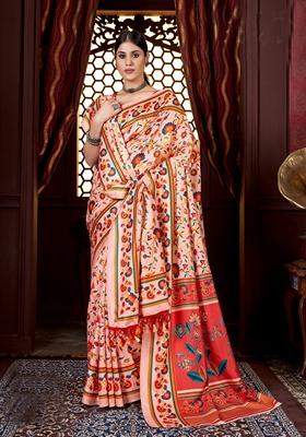 Cream Abstract Print Art Silk Saree Set