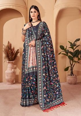 Blue Abstract Print Art Silk Saree Set