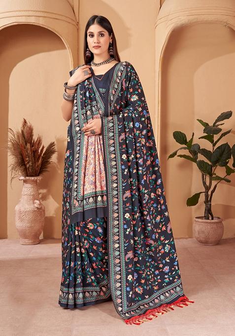 Blue Abstract Print Art Silk Saree Set