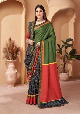Green Abstract Print Art Silk Saree Set