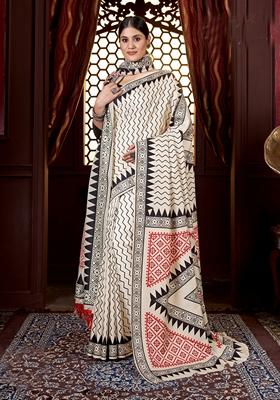 Off White Abstract Print Art Silk Saree Set