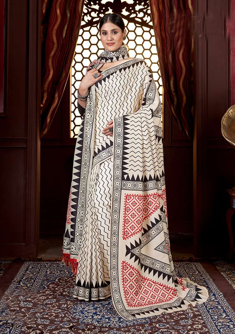 Off White Abstract Print Art Silk Saree Set - Indya