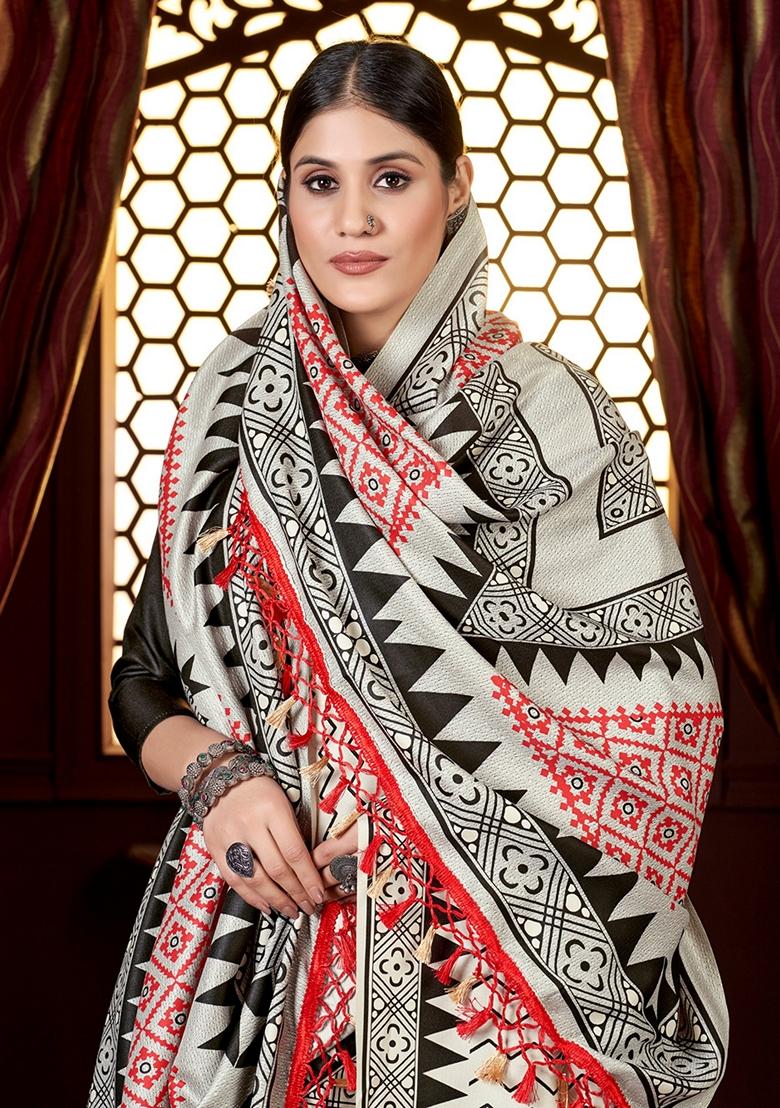 Off White Abstract Print Art Silk Saree Set