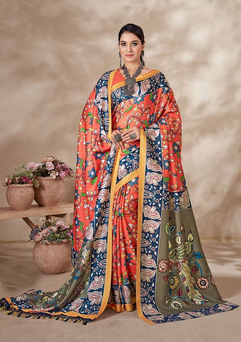 Orange Abstract Print Art Silk Saree Set - Indya