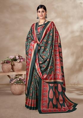 Green Abstract Print Art Silk Saree Set