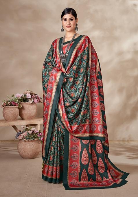 Green Abstract Print Art Silk Saree Set