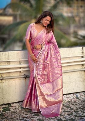Pink Zari Woven Tissue Saree Set