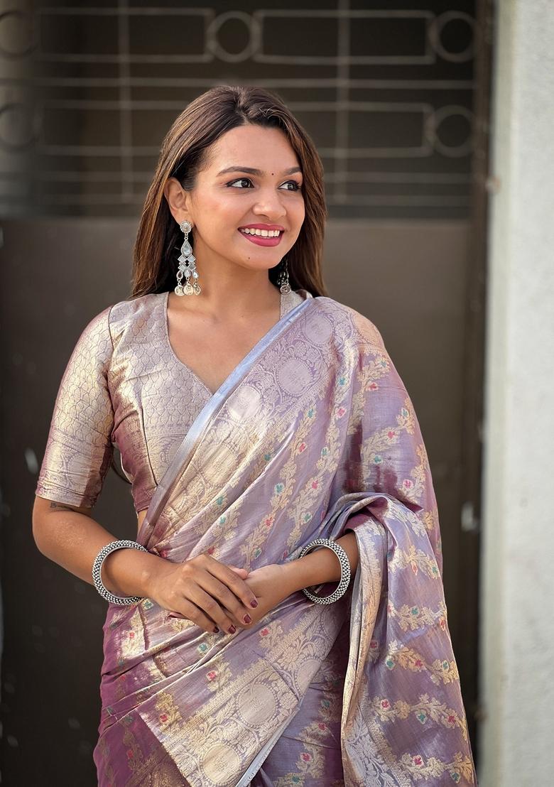 Purple Zari Woven Tissue Saree Set