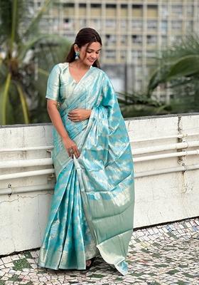Blue Zari Woven Tissue Saree Set