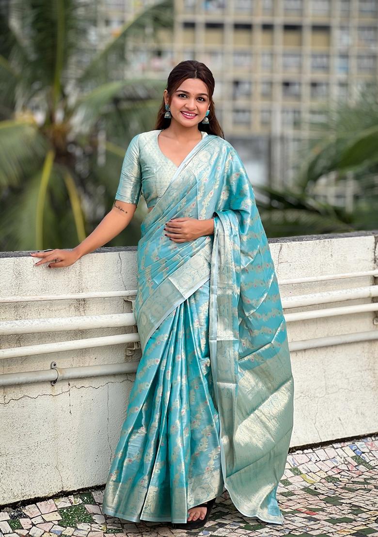 Blue Zari Woven Tissue Saree Set