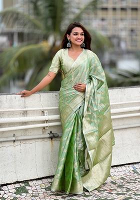 Green Zari Woven Tissue Saree Set