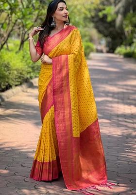 Yellow Zari Woven Silk Saree Set