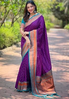Violet Zari Woven Silk Saree Set