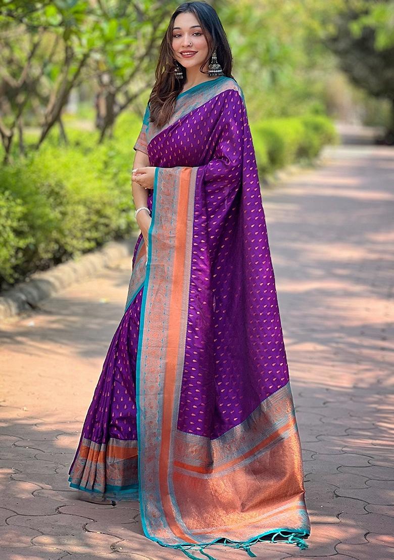 Violet Zari Woven Silk Saree Set