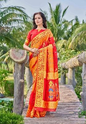 Red Abstract Print Cotton Silk Saree Set
