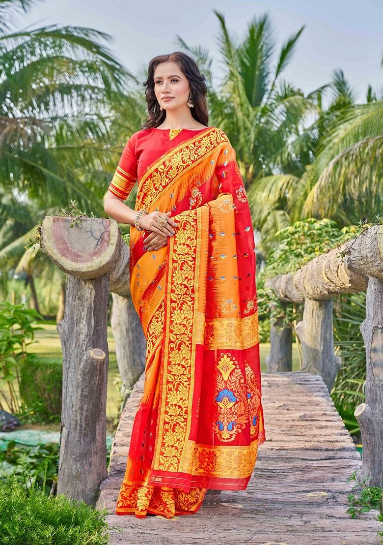 Red Abstract Print Cotton Silk Saree Set
