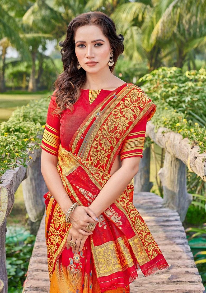 Red Abstract Print Cotton Silk Saree Set