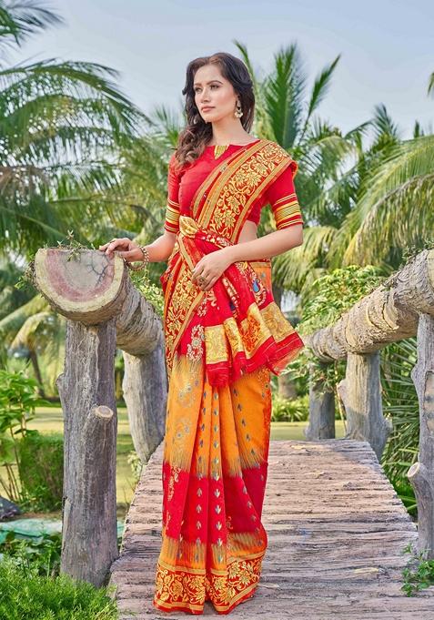 Red Abstract Print Cotton Silk Saree Set