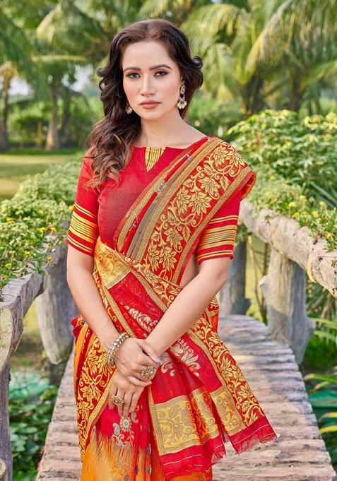 Red Abstract Print Cotton Silk Saree Set