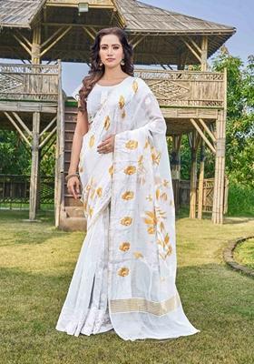 White Abstract Print Cotton Silk Saree Set