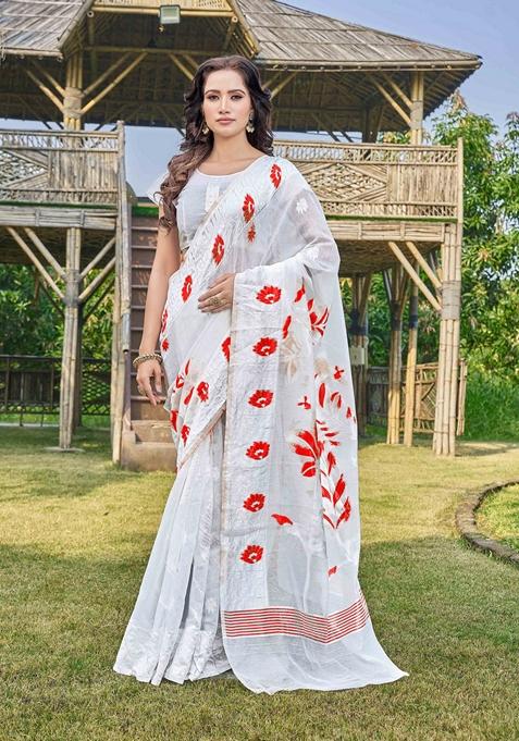 White Abstract Print Cotton Silk Saree Set