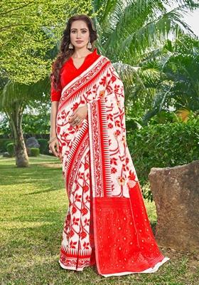 Red Abstract Print Cotton Silk Saree Set