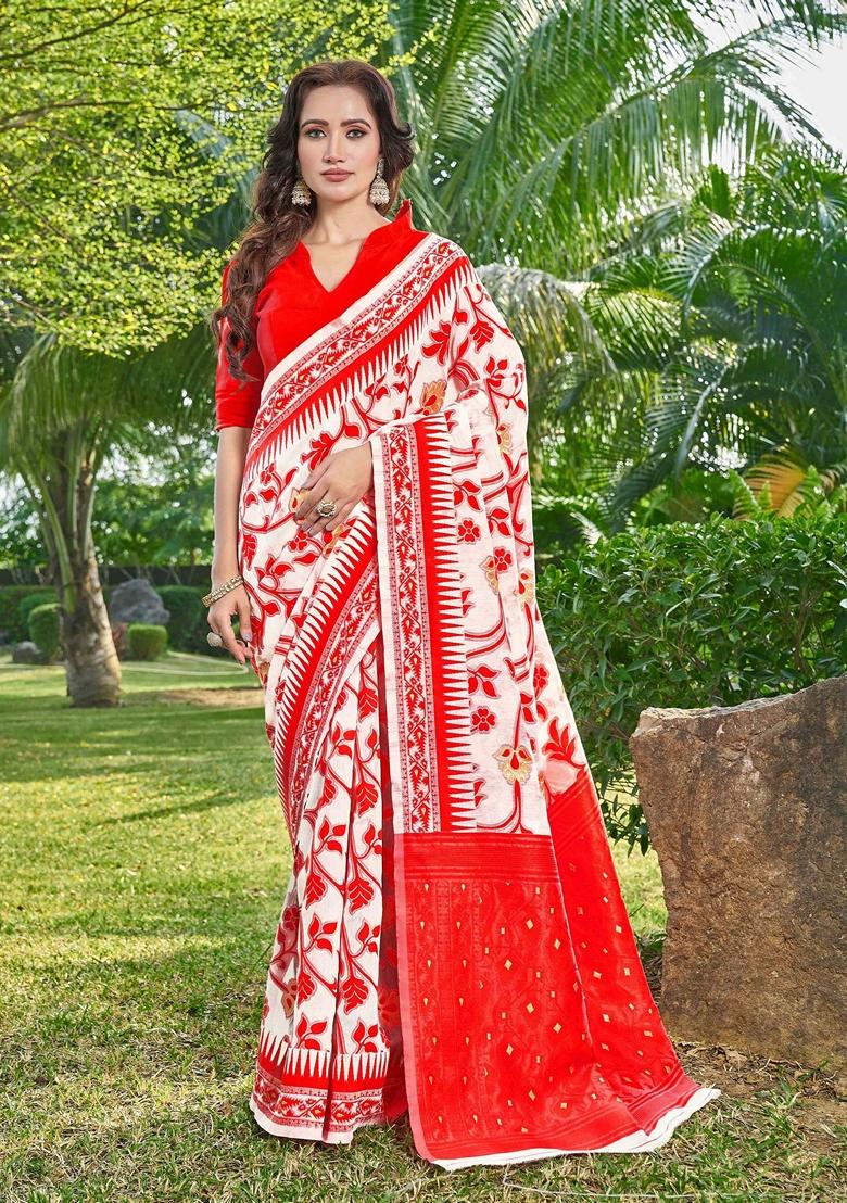 Red Abstract Print Cotton Silk Saree Set