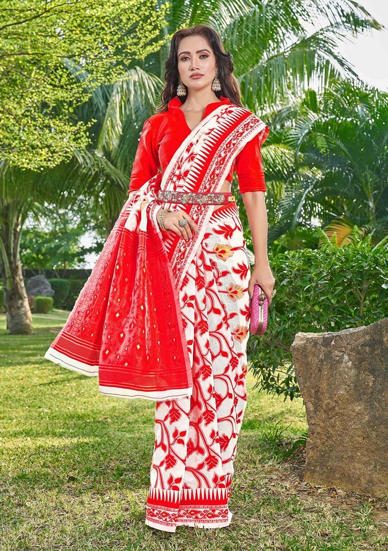 Red Abstract Print Cotton Silk Saree Set