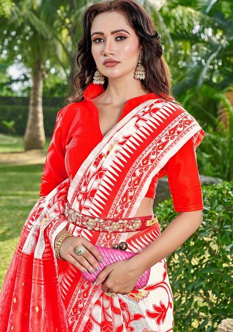 Red Abstract Print Cotton Silk Saree Set