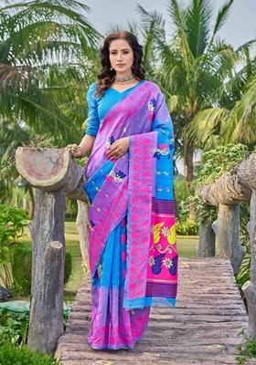 Blue Abstract Print Cotton Silk Saree Set