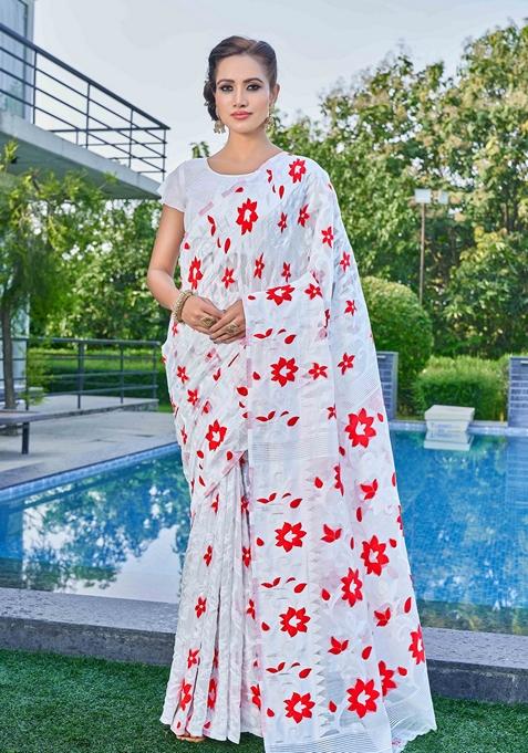 White Abstract Print Cotton Silk Saree Set