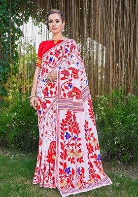 White Abstract Print Cotton Silk Saree Set